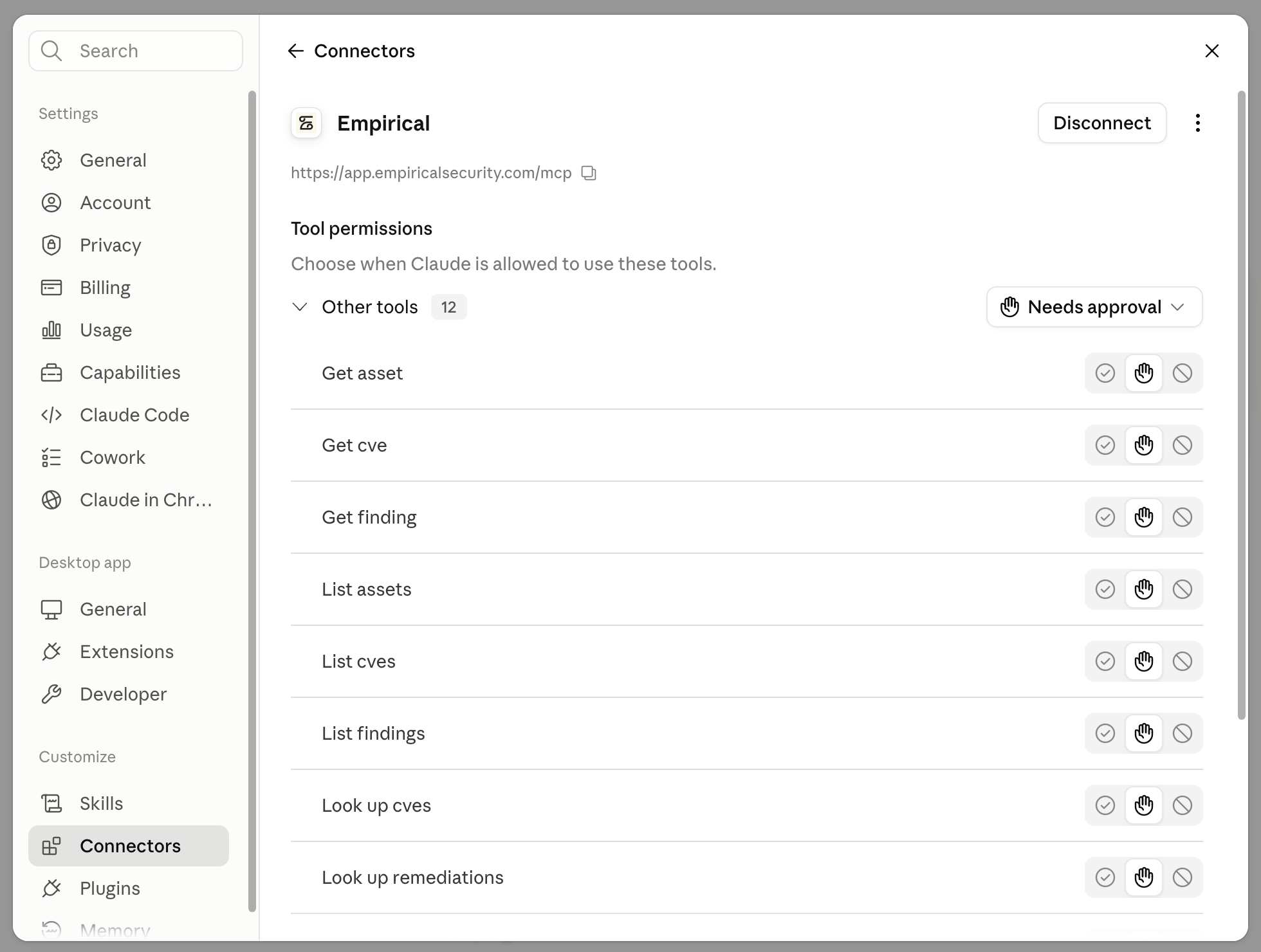 The Empirical connector in Claude Desktop settings, showing its tools and permissions